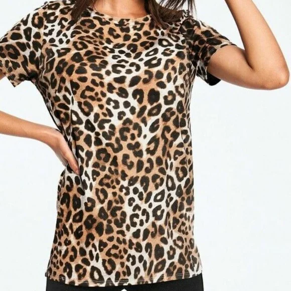 Victoria's Secret PINK Leopard Print Perfect Crew T-Shirt - Size Large - Picture 1 of 3